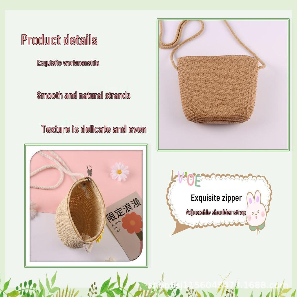 Modna pleciona torebka na ramię w stylu księżniczki, ręcznie wykonana ze słomy - Plecak plażowy dla dziewczynki