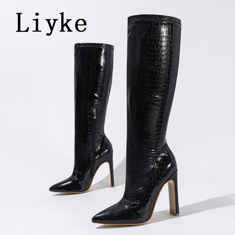 

Fashion Liyke Autumn Winter Knee High Boots Women Black Snake Print Leather Pointed Toe Party Stripper High Heels Zip Long Shoes Female 38 чорний