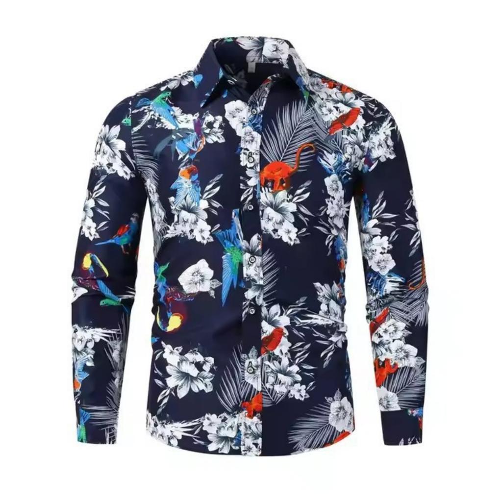 Camicia a Maniche Lunghe con Stampa Tropicale Hawaiana, Perfetta per l'Estate Casual