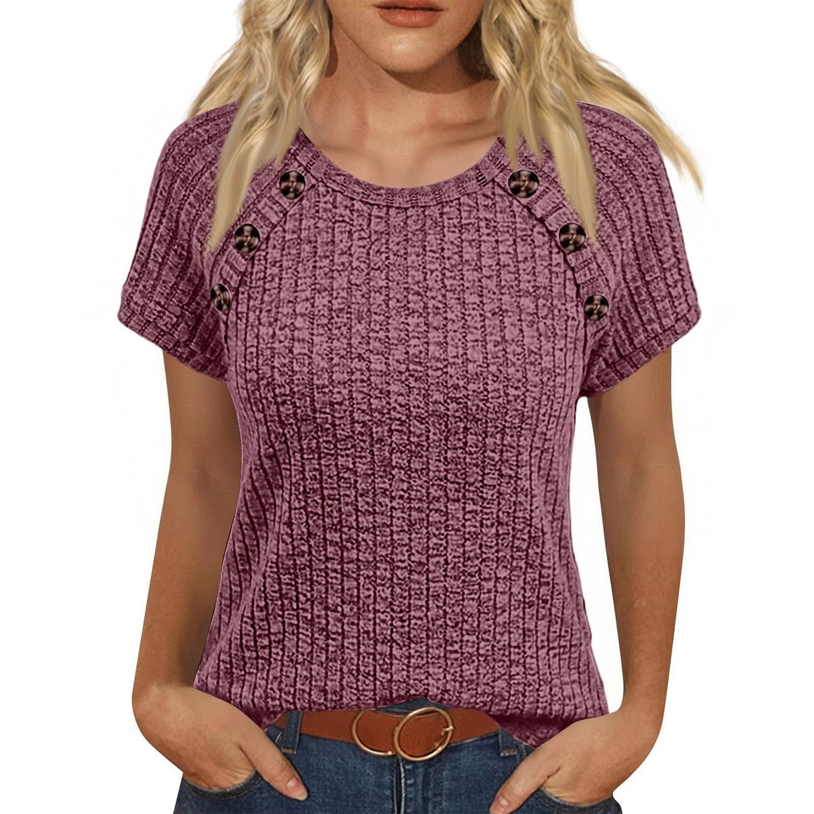 Women s  Round Neck Raglan Sleeve Button Short Sleeve Top XXL фиолетовый