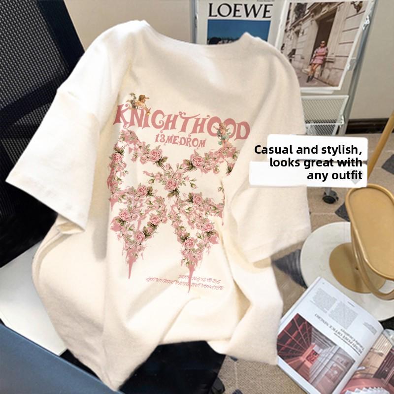 Summer Loose Oversize Women's T-irt Cotton Pure Long ort Sve round Ne Print Korean Sle Casual Comfortable Top