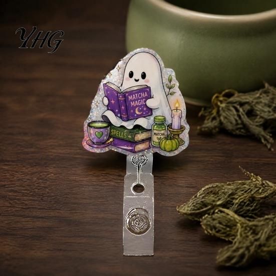 Id Card Holder Clip Halloween Retractable Badge Reel, Ghost Black Cat And Pumpkin Design, Work Accessories 360 Degree Rotating Acrylic ID for