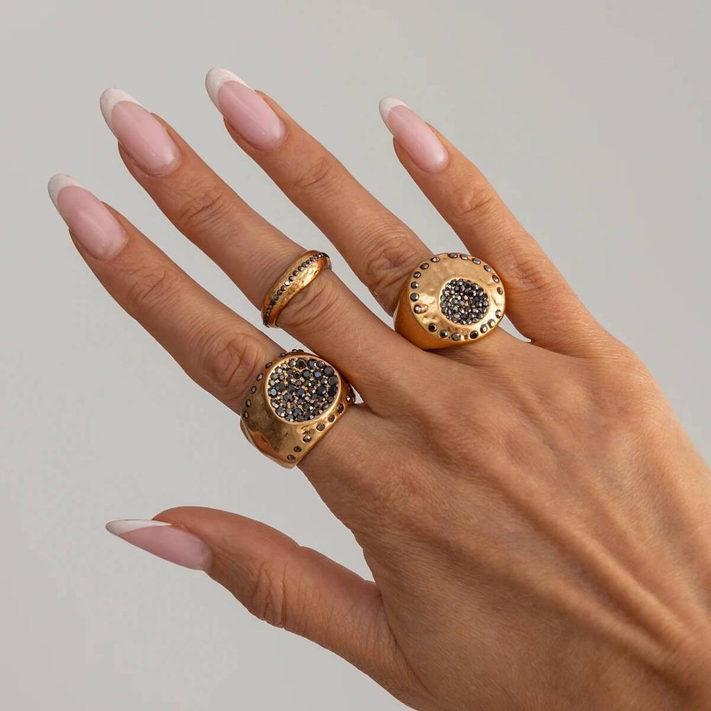 Kunjoe 3 Pcs/Set Inlaid Shine Acrylic Rhinestone Rings For Women Vintage Gold Color Metal Ring  Fashion New Luxury Jewelry