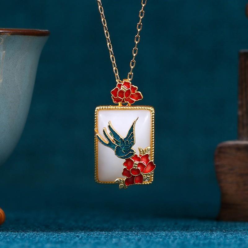 Elegant Chinese-Inspired Enamel Pendant Necklace With Gemstone Accents Women Gold-Plated O-Link Chain 41-50cm Adjustable
