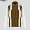 INCERUN Men Mockneck Long Sleeve Patchwork Zipper Casual Fitted Pullover Tops
