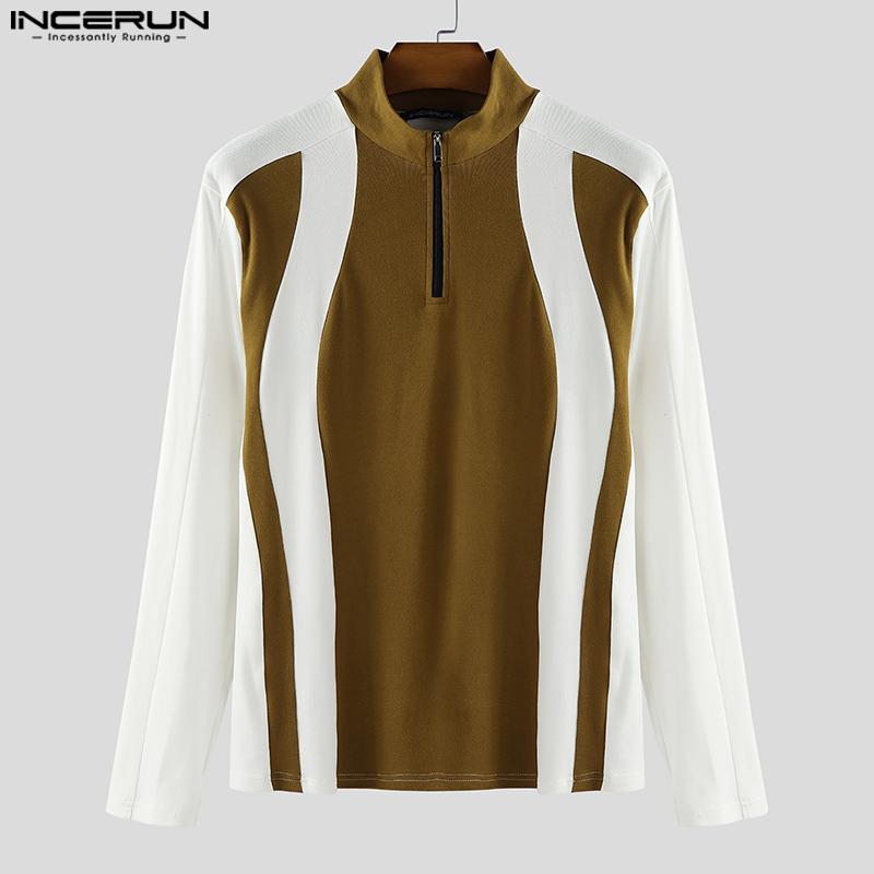 INCERUN Men Mockneck Long Sleeve Patchwork Zipper Casual Fitted Pullover Tops