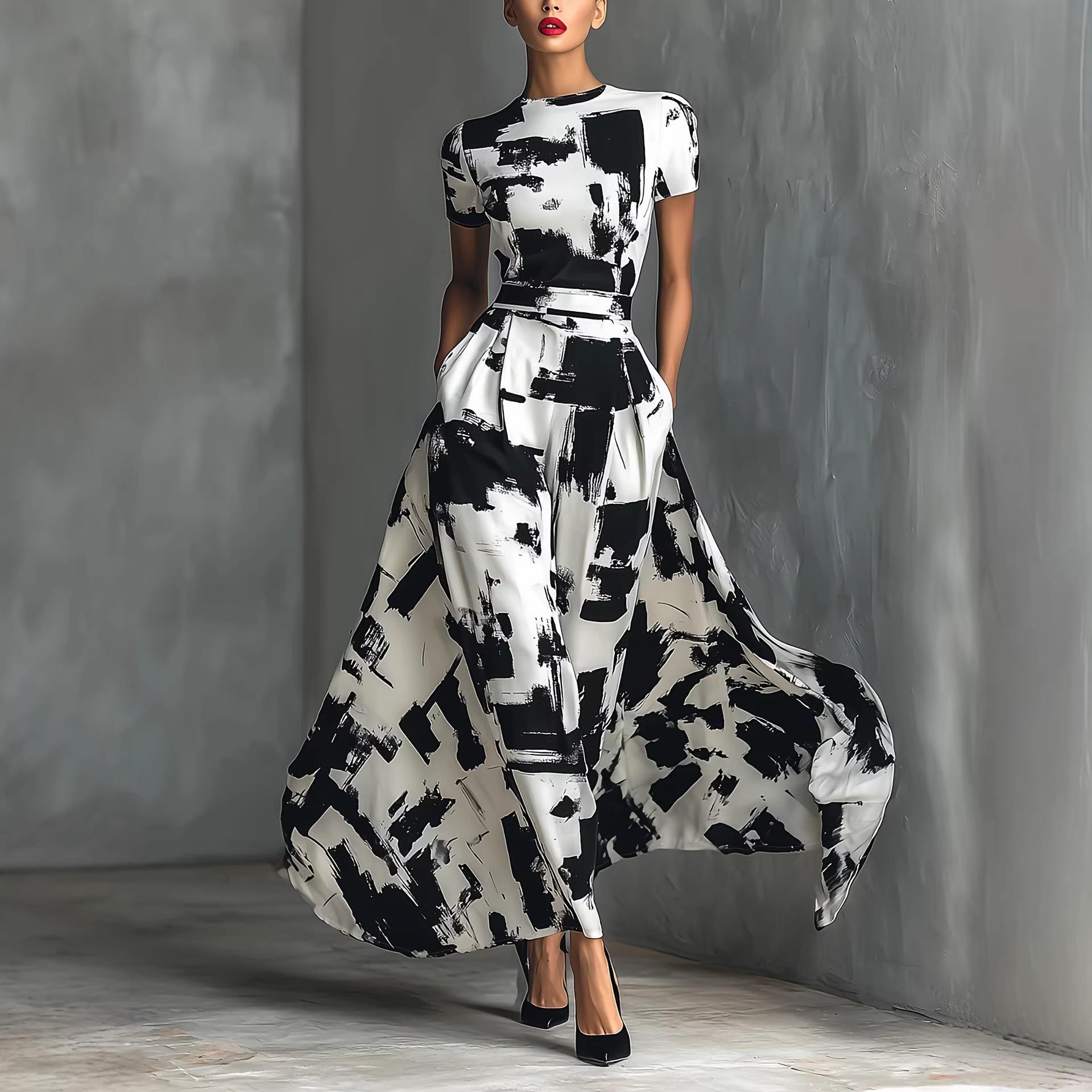 

Cross-border Modern Art Black & White Abstract Print High Waist Short Sleeve Dress US/EU Size XL