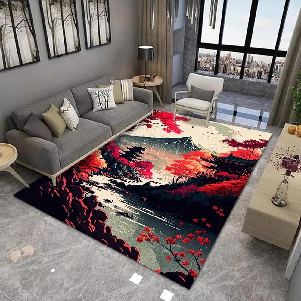 Japanese Cherry Blossom Mount Fuji 3D Area Rug for Kids Bedroom Living Room Sofa Doormat Large Floor Mat Home Decor Gift