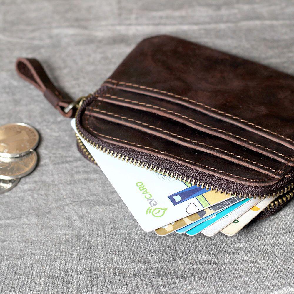 Wielokieszeniowy Portfel Męski Retro Kawa Ręcznie Robiony Skóra Crazy Horse Designerski Zapinany na Zamek Kieszonki na Monety i Karty Kredytowe Małe Saszetki