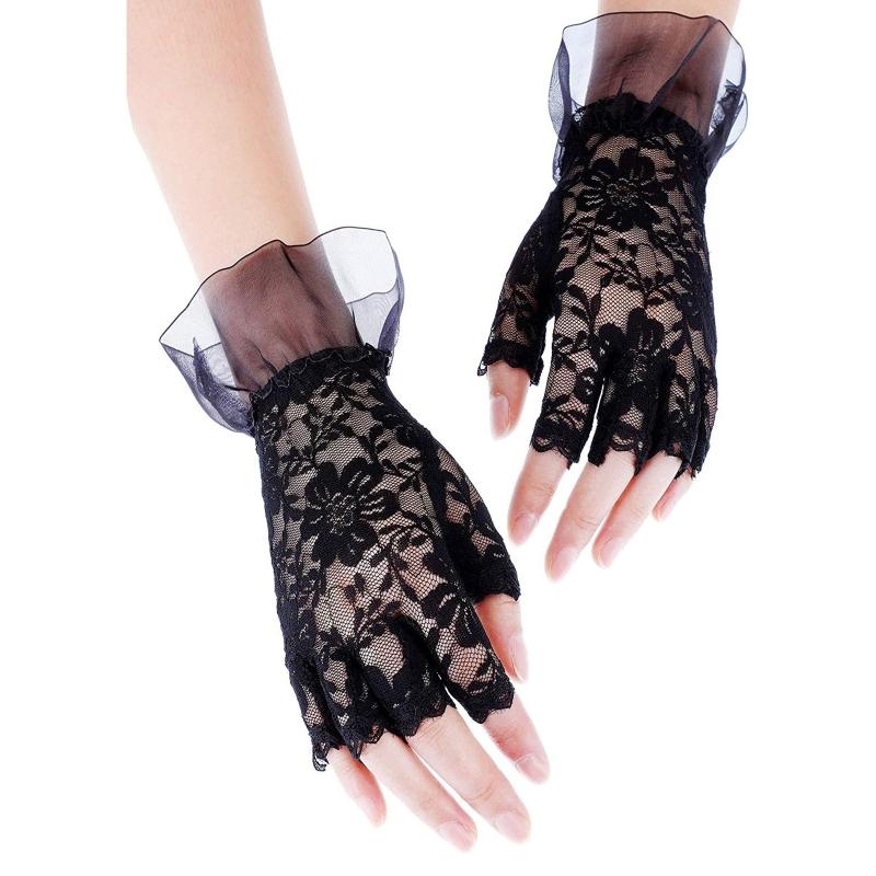 Women Bride Short Gloves Nightclub Hollow Out Lace Gloves Dancing Party Half Finger Gloves Pleated Cuff Decor Mitten