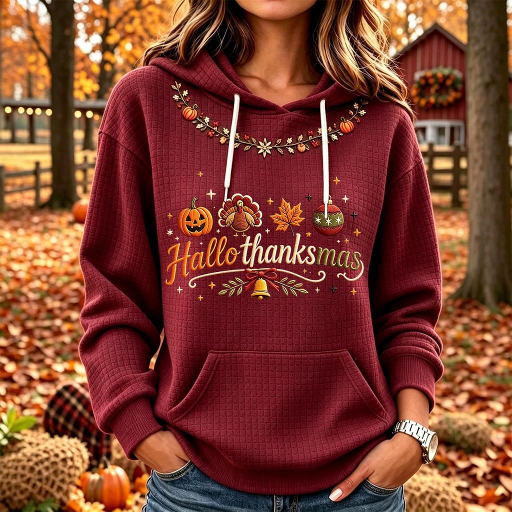 Women's Lightweight Long Sleeve Pullover Hoodie with Pockets, Thanksgiving Christmas Print