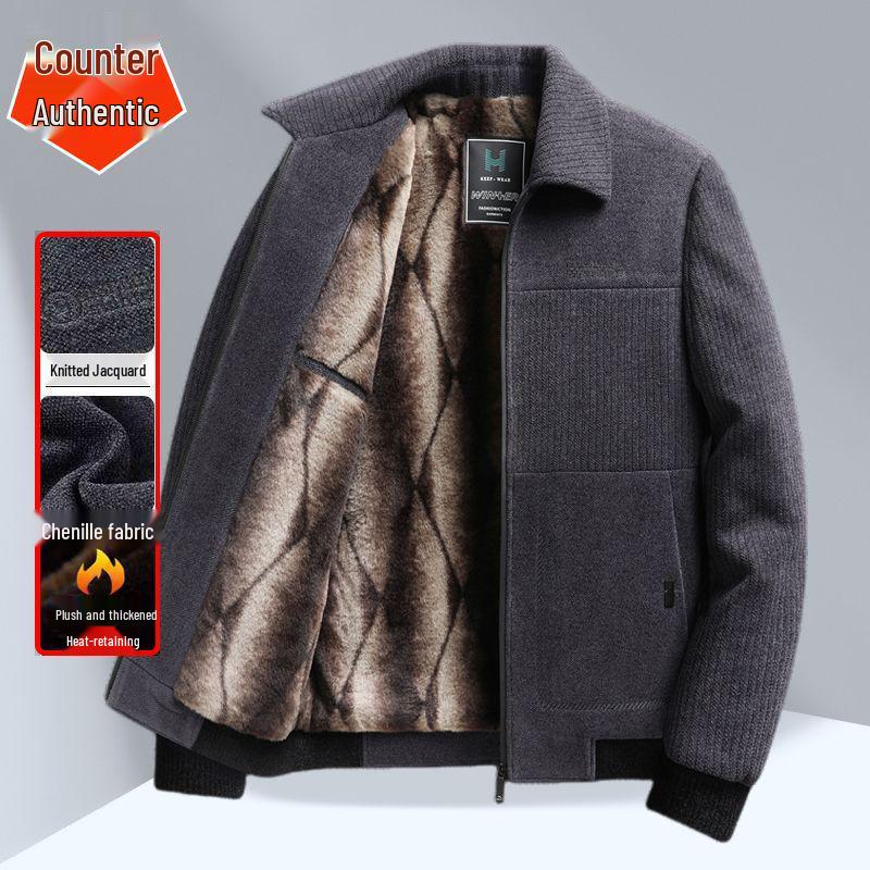 Men's Chenille Lapel Woolen Coat - Velvet Lined Winter Jacket for Middle-Aged and Elderly Dads