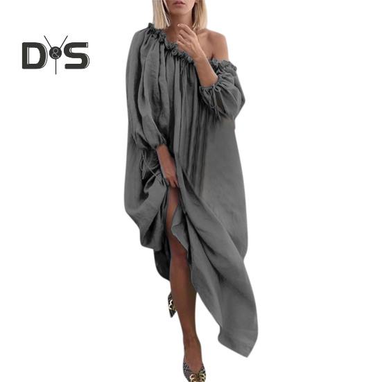 Damenkleid mit schrägem Halsausschnitt, gerafften langen Laternenärmeln, lockere, reine Farbe, plissiert, volle Länge, Urlaub, Strand, Robe, Maxikleid