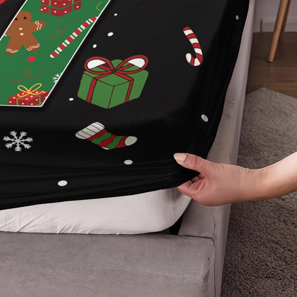 3pcs Merry Christmas 67 Element Black Printed Chipless Bed Sheet Set Multi Size Bed Cover Bedroom Dormitory Bedding Decoration
