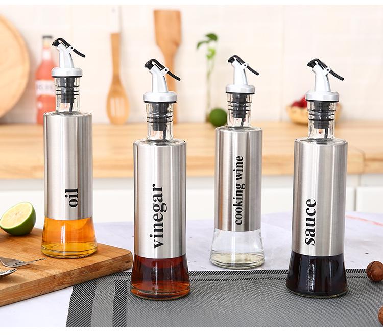 Stainless Steel Glass Oil & Seasoning Bottle Set for Kitchen – Soy Sauce, Vinegar, Cooking Wine, Sesame Oil Containers