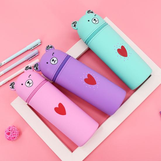 Silicone Pencil Case Bear Shaped Portable Pencil Pouch Cute Stationery Organizer for Pen Rulers Makeup Brushes Students School Supplies