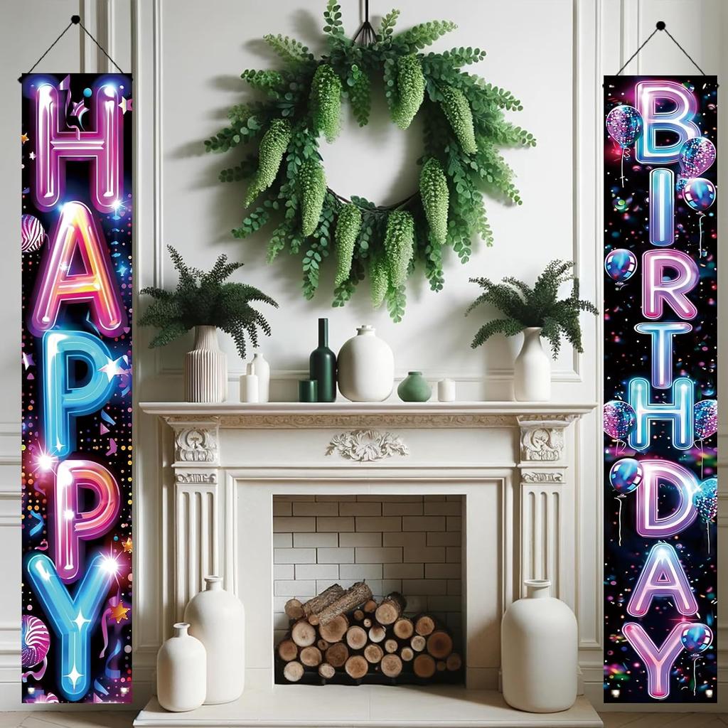 2 Pcs Happy Birthday Door Banner, Neon Lights Theme, Polyester Fabric, Easy to Hang, Indoor/Outdoor Use