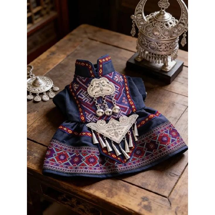 Chinese Ethnic Pet Dress Silver Ornament Clothes Small Medium Dogs Teddy Puppy Embroidery Cat Outfit Oriental Pet Costum