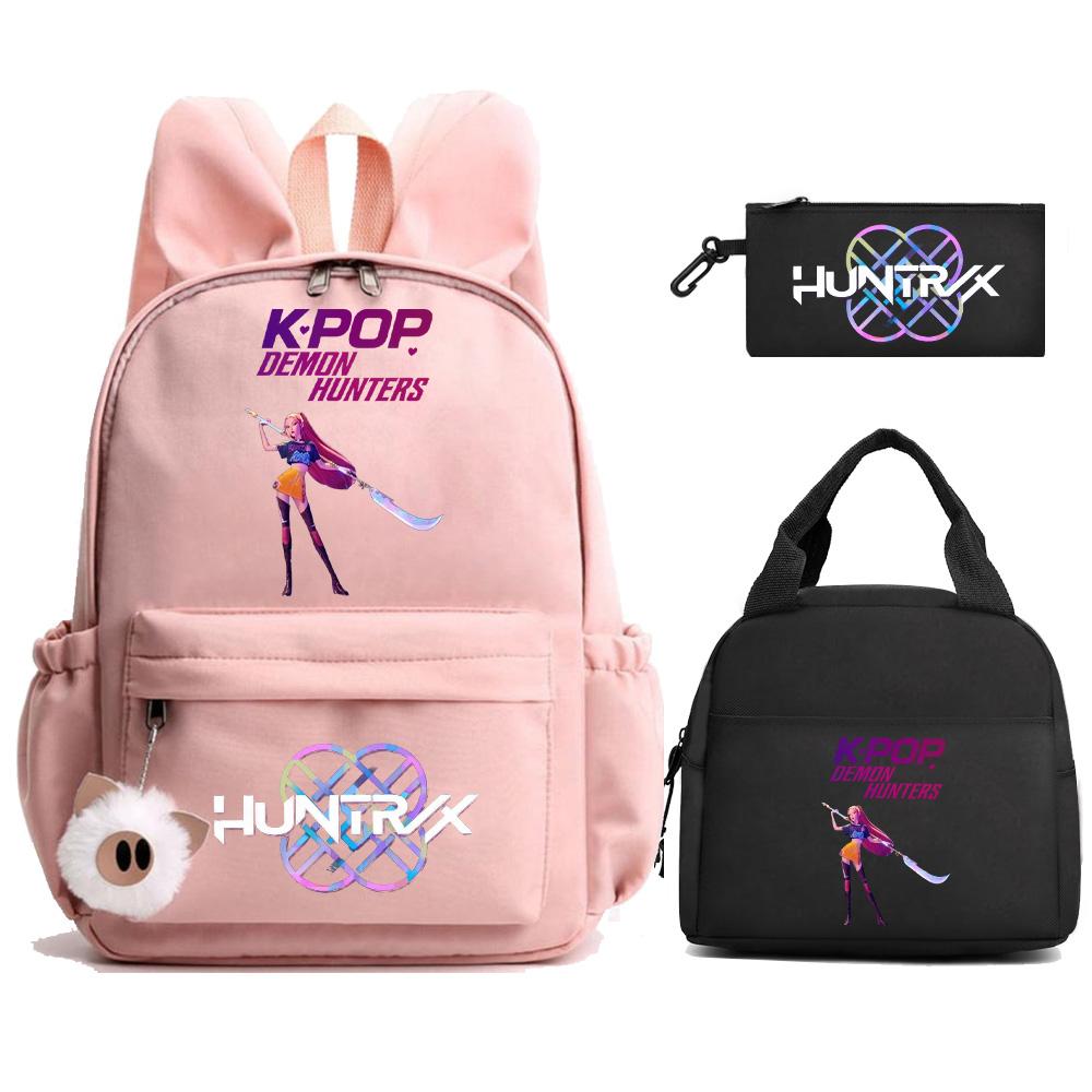 3 st/set Kpop Demon Hunters Tryckt Ryggsäck med Matlåda Pennfodral för Tonåring Flicka Pojke Tillbaka till Skolan Skolväska Stor Kapacitet Resväska