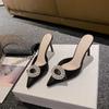 High Heel Pointed Toe Satin Rhinestone Sandals Thin Heel Round Buckle Women Shoes