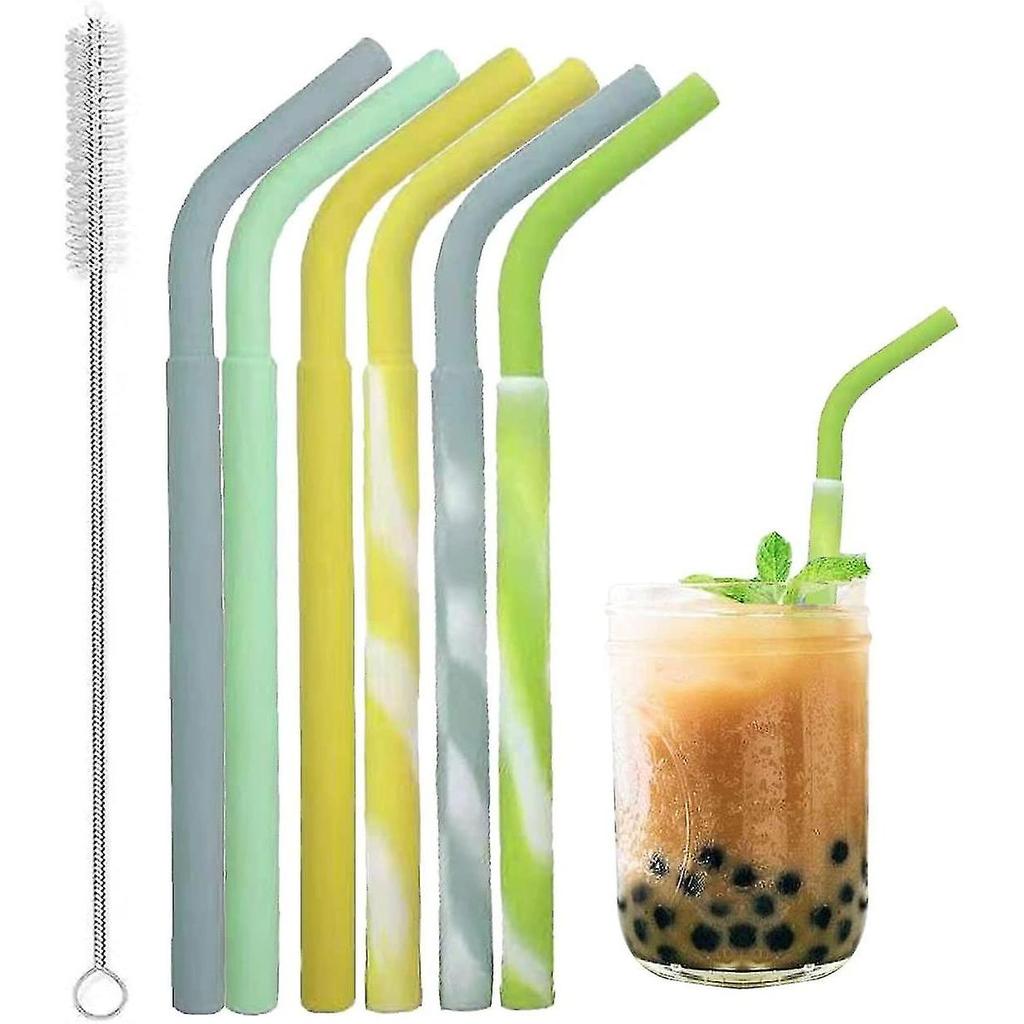 6 Pack Gift Reusable Straws Silicone With Cleaning Brush, Straight And