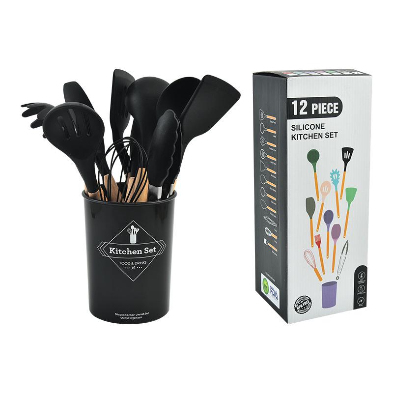 12-Piece Silicone Kitchen Utensil Set with Wooden Handles and Storage Container