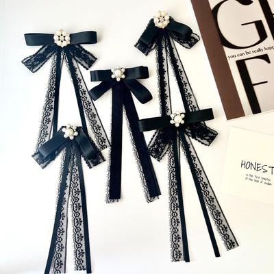 Broche de Encaje Negro Lazo Broche de Perla Blanca Corbata Para Mujer Decoración Escote Raso Corbata Accesorios de Joyería
