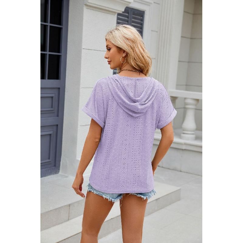 2026 Spring/Summer New Solid Color Buttoned Hooded Loose Short-Sleeve T-Shirt for Women