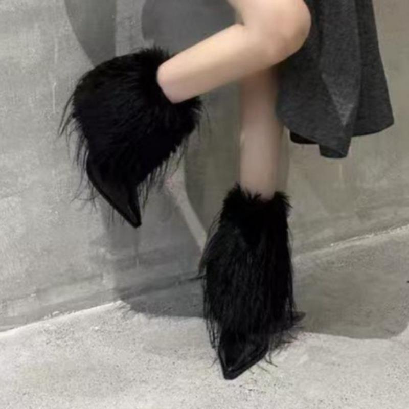 Fashion High Heels Women Fluffy Short Boots Fashion 2025 New Pointed Toe Shoes Designer Elegant Chelsea Ankle Boots Winter Zapatillas