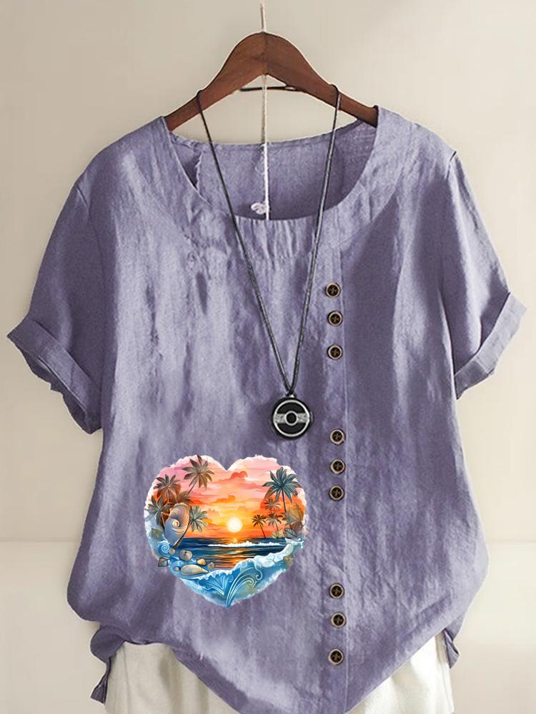 Women's Fashion Heart Shaped Scenery Print Round Neck Short Sleeve T-shirt Casual Cotton Linen Graphic Shirt Leisure Loose Summer Blouse Tops