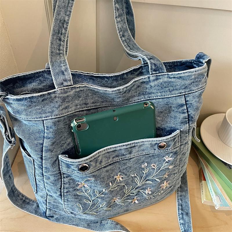 Vintage Haftowana Jeansowa Torba Tote dla Kobiet Duża Pojemność Casualowa Torba na Ramię