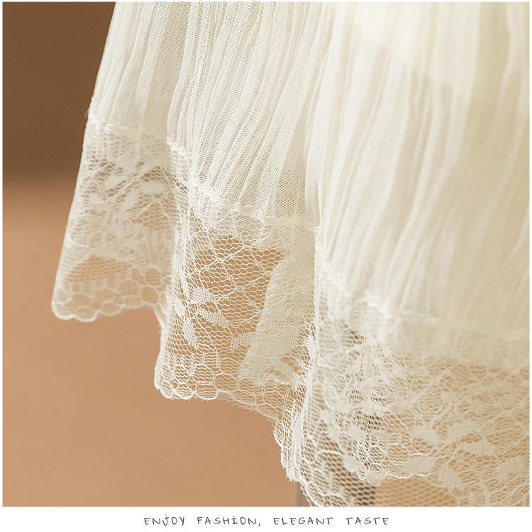 2025 Summer Women's Gentle Style Lace Trim Elastic Waist A-Line Midi Skirt