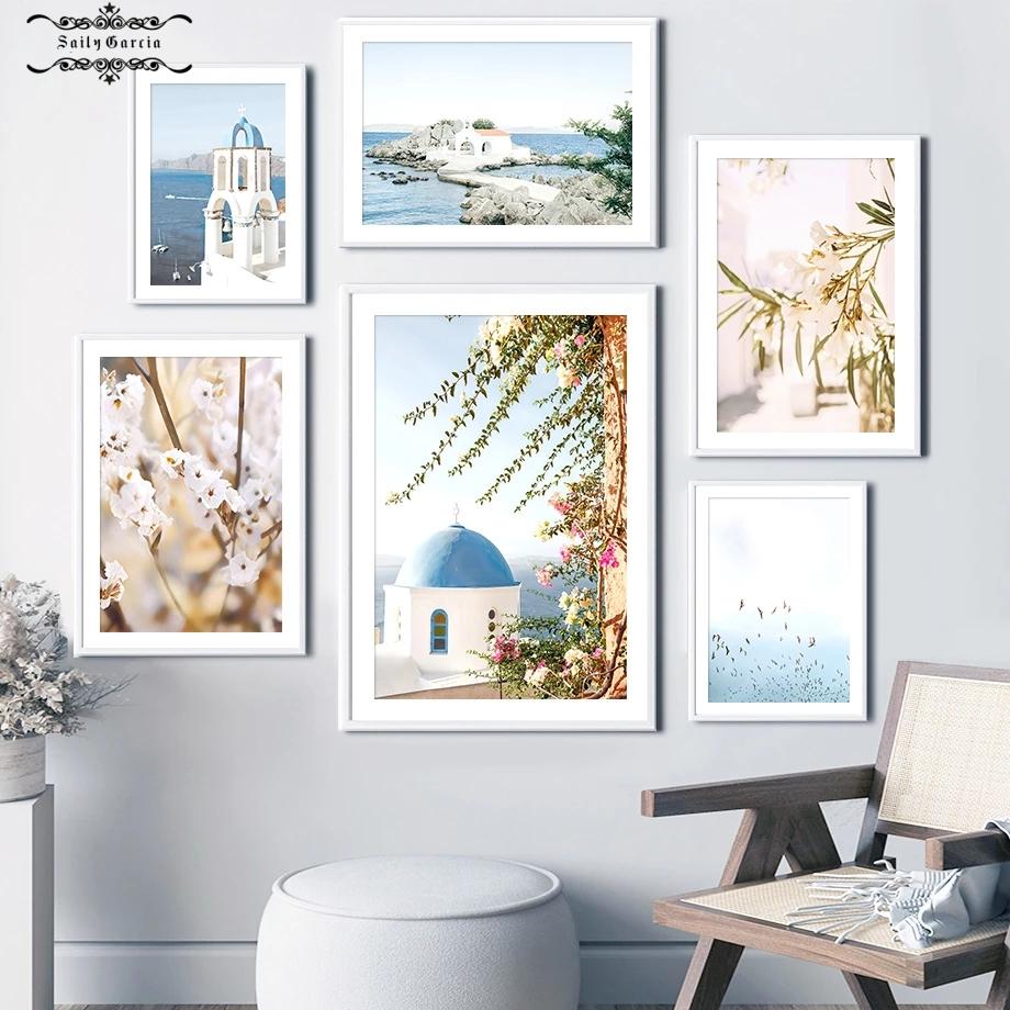 Blaue Ozean-Tür-Windmühle, Ägäis-Landschaft, Wandkunst, Leinwandgemälde, Santorini-Poster und Drucke, Wandbilder für Wohnzimmer-Dekoration