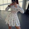 Women's Long Sleeved Summer Round Neck Floral Dress Sexy Mesh Hollow Out Short Skirt Hollow Out Patchwork Dress