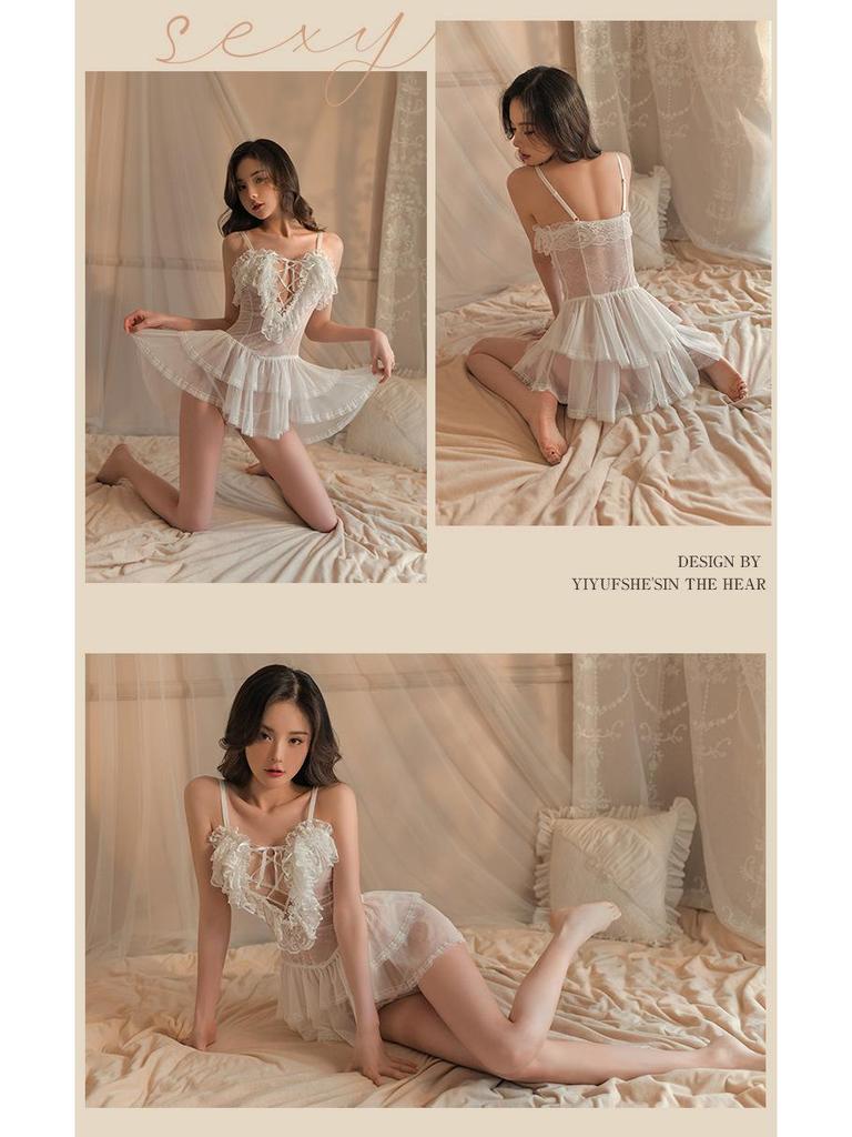 Sexy Lace Suspender Nightgown - Deep V, Temptation, Hollow-Out Thin Strap