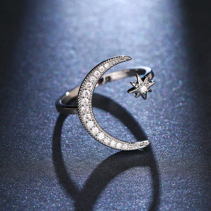 Crescent Moon Star Diamond Crystal Open Rings for Women Bridal Wedding Engagement Fashion Jewelry