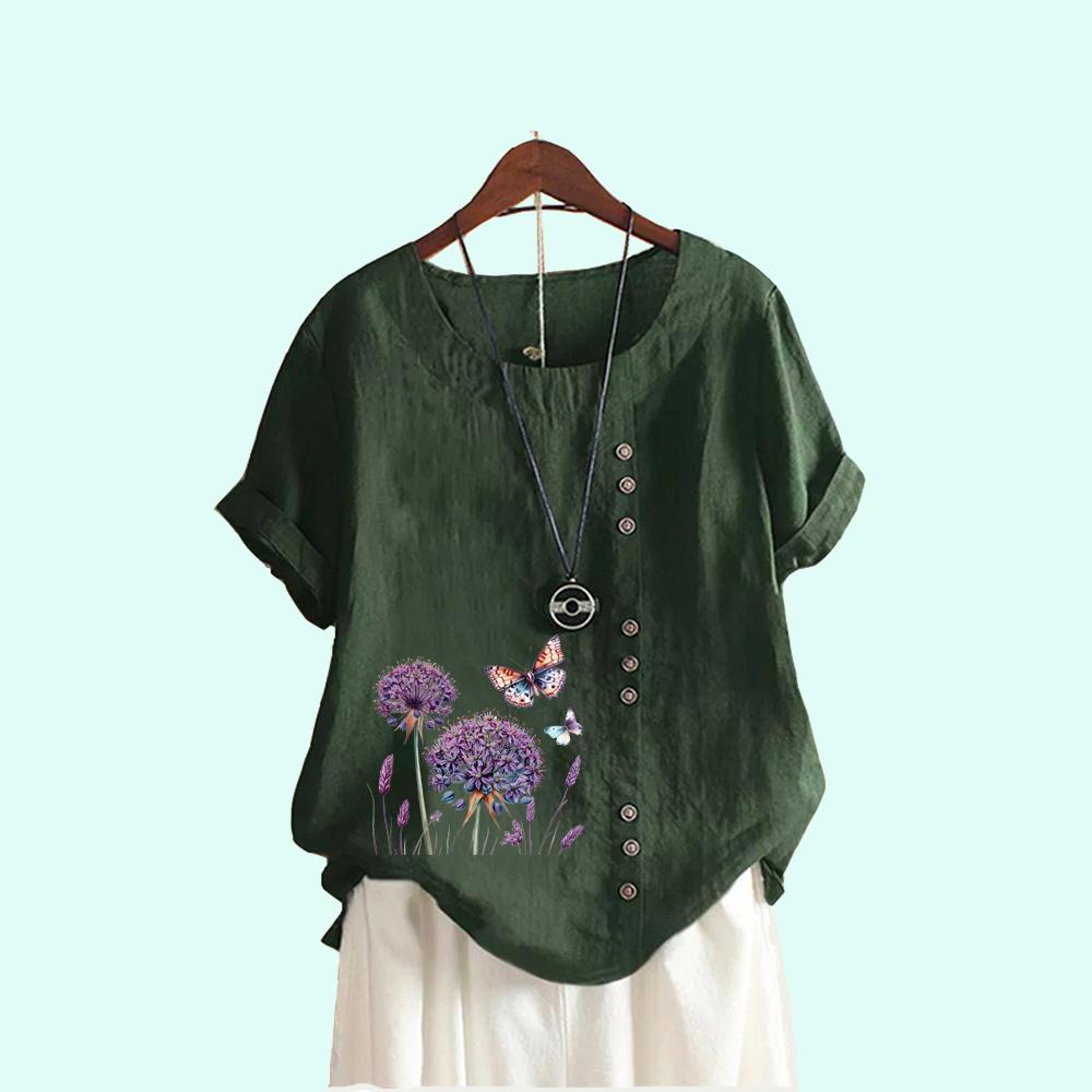 Women Summer Short Sleeve T-shirt Beautiful Flowers Print Casual Round Neck Blouses Plus Size Clothes