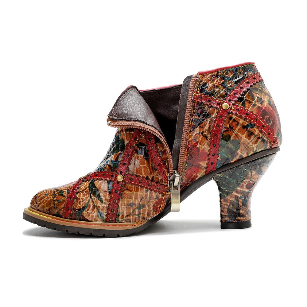 Johnature Rýt Spliced ​​Fashion High Heels Dámské z pravé kůže s kulatou špičkou Všestranné lodičky