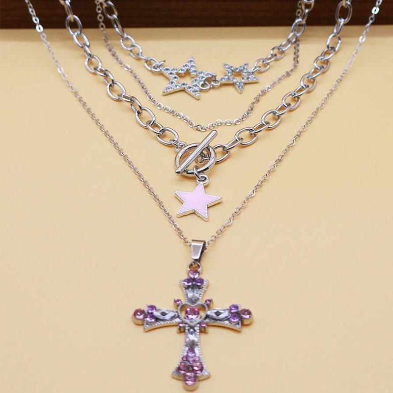 

Rhinestone Star Cross Layered Necklace Set - Gothic & European Style
