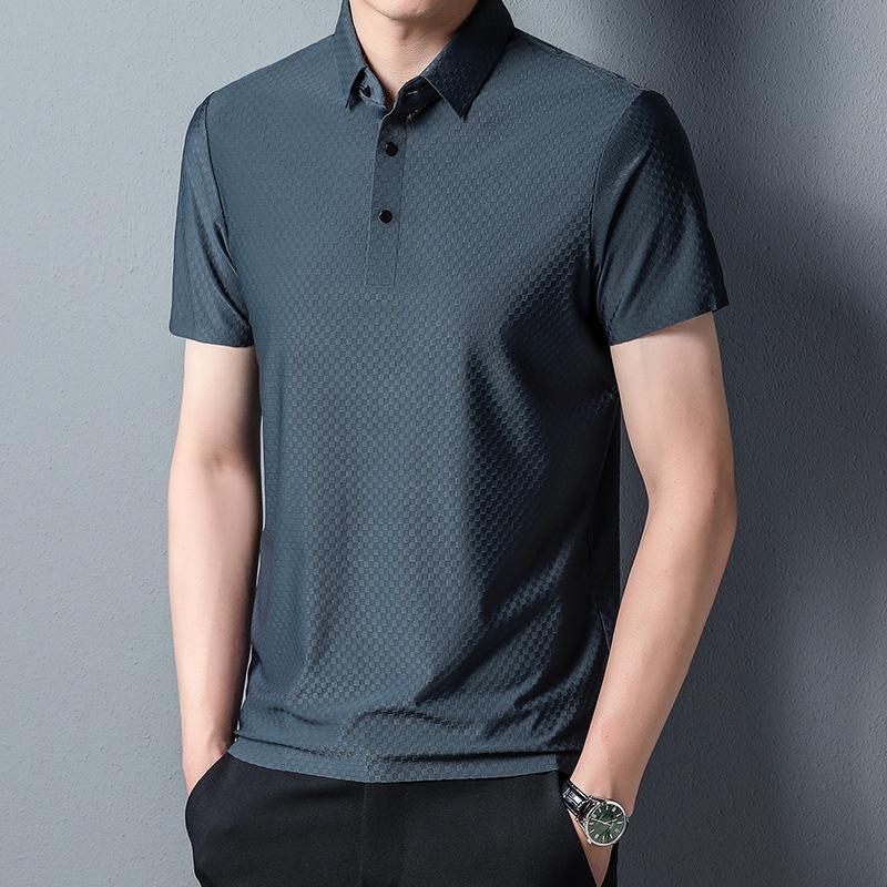 Trendy Seamless Short-sleeved Men's Solid Color Fashion Casual Lapel Middle-aged Men Korean Style Short-sleeved
