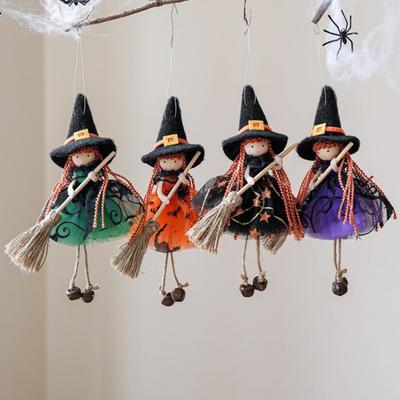 Halloween Hexenpuppen-Dekor mit Besen Kleine Hexenfigur mit Gazerock Küchenhängehexe-Ornament für Raumtür Fenster Halloween-Dekor