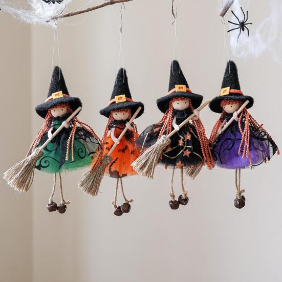 Halloween Witch Doll Decor with Broom Small Witch Figurine with Gauze Skirt Kitchen Hanging Witch Ornament for Room Door Window Halloween Decor