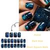 24Pcs Blue Press On Nail Short Square False Nail with Dark Blue Starry Sky Designs Glossy Stick On Nail for Women