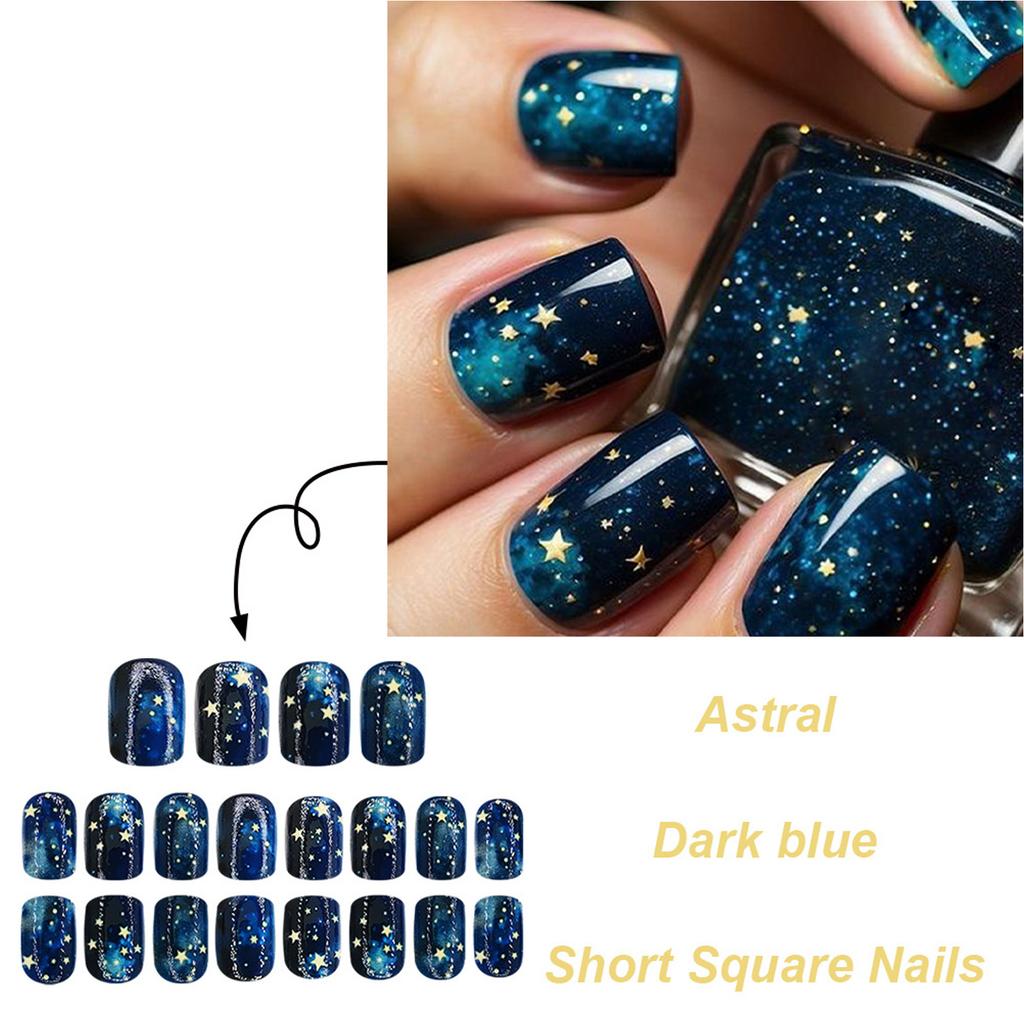 24Pcs Blue Press On Nail Short Square False Nail with Dark Blue Starry Sky Designs Glossy Stick On Nail for Women