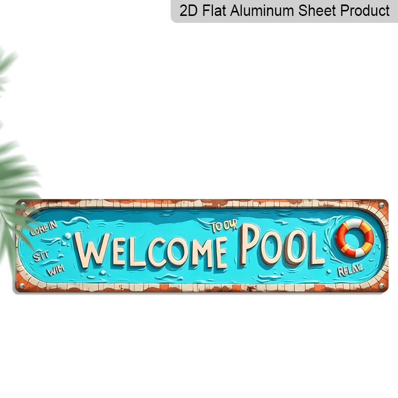 2D Flat, 1pc Vintage Welcome Pool Metal Sign - Rustic Summer Party Themed Aluminium Decorative Sign, 15.7×3.94inch, for Indoor/Outdoor Use, Suitable