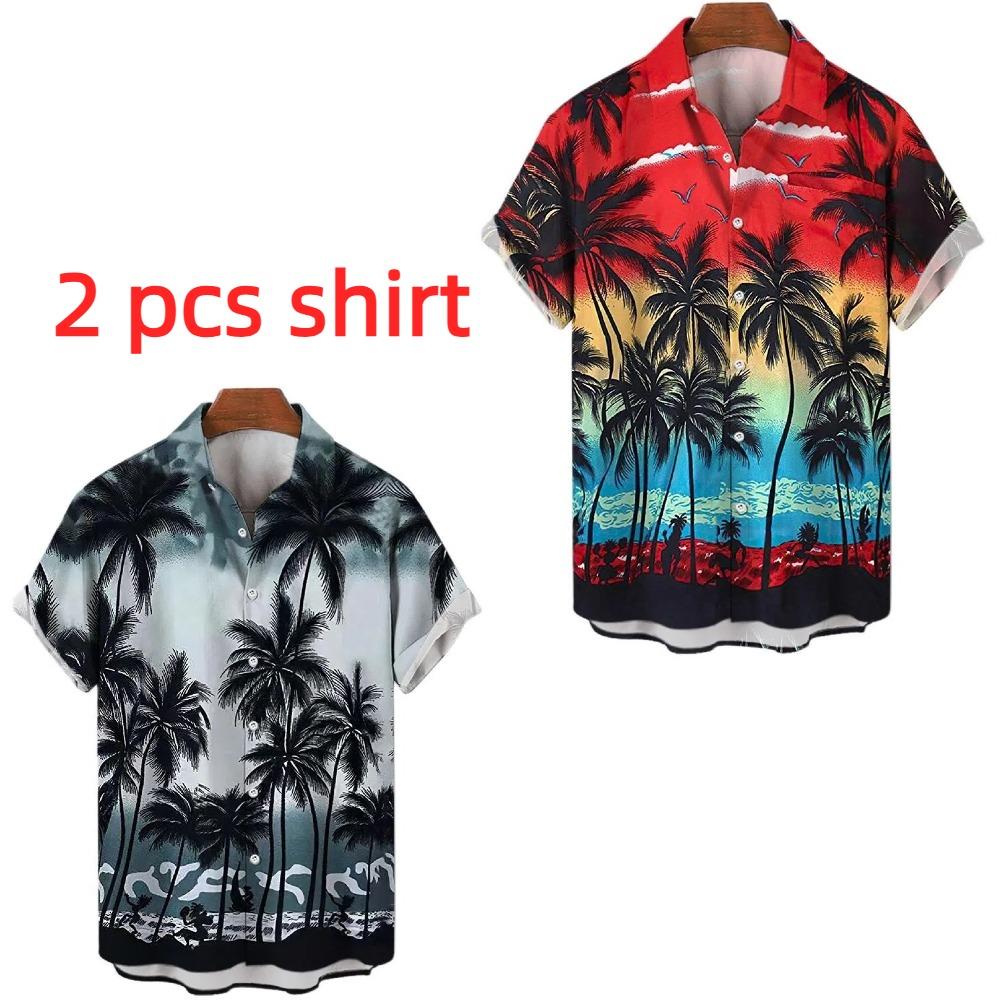 Multicolored Coconut Tree Printing Shirt Summer Hawaiian Beach Vacation Clothing Men's Fashion Street Style Shirt Daily Men's and Women's Shirt