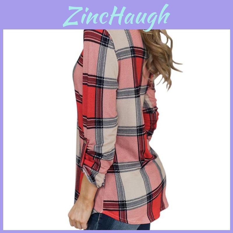 Women Vintage V-neck Loose Tops Long Sleeve Stylish T-shirt With Plaid Casual Design