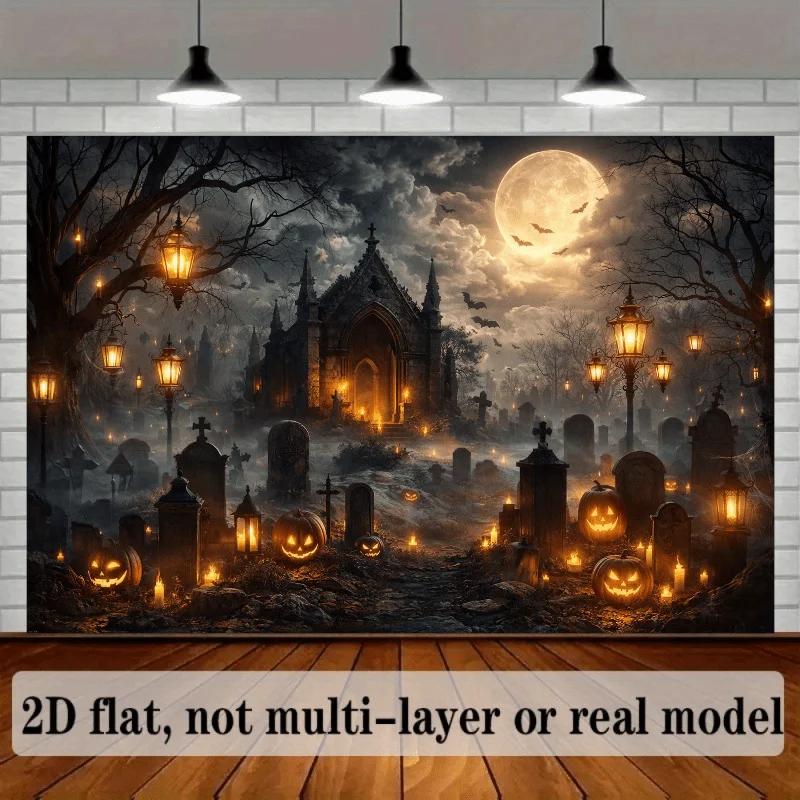 2D Planar Halloween-themed Background Fabric, Featuring Gothic Spired Castle, Full Moon, Dark Clouds, Bats, Tombstones,z