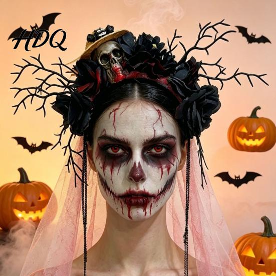 Horror Theme Party Decorations Gothic Flower Headband with Veil Spooky Black Rose Dead Branch Skull Headpiece Masquerade Accessories Day of