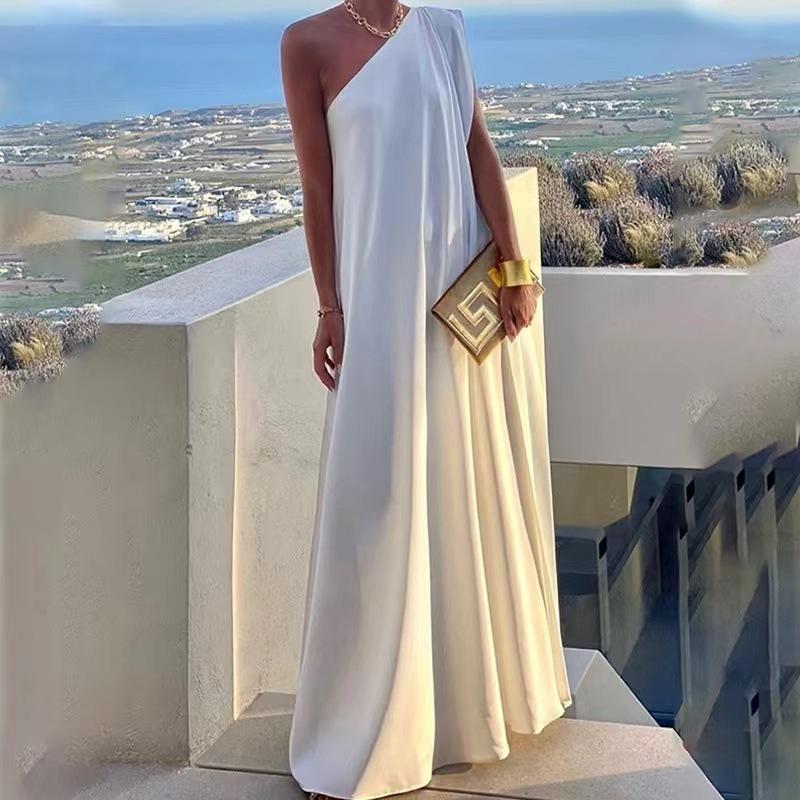 Dress summer women's new one-shoulder sleeveless dress long solid color skirt in stock